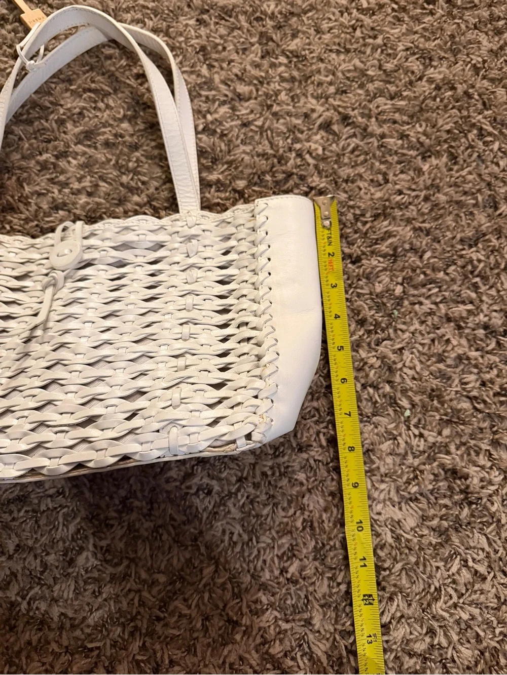 Vintage Fossil Ivory Woven Leather Tote Bag with Key Charm